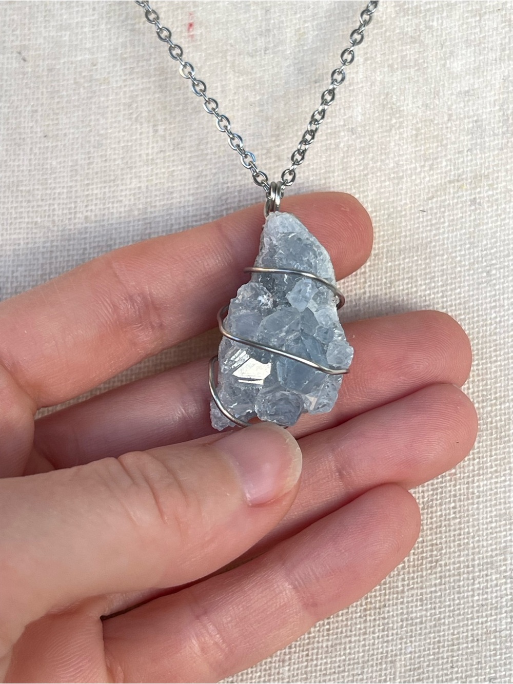 Celestite Druzy Light Blue Crystal Pendant Necklace Silver Stainless Steel